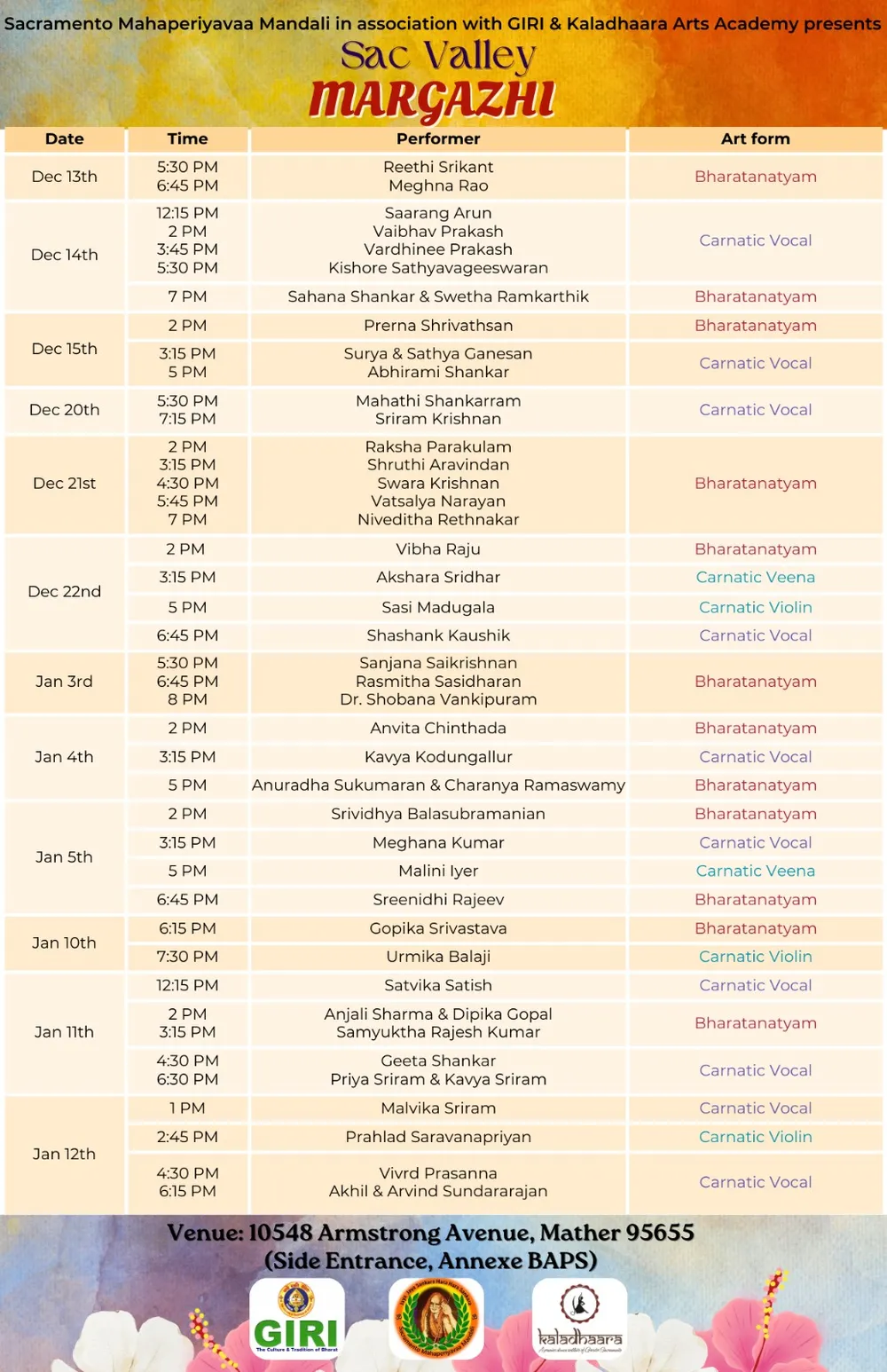 Schedule of performances from Sac Valley Margazhi 2024-2025 season